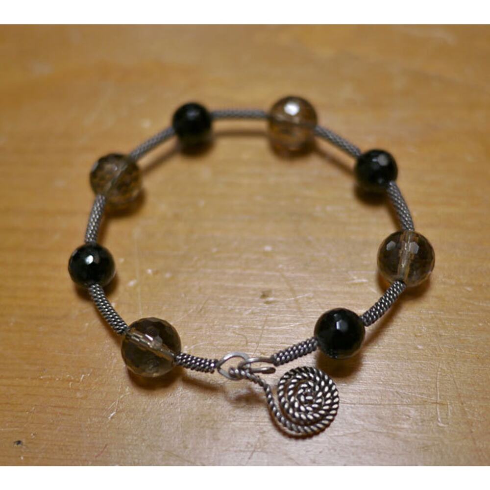 Handmade Braided Art Deco Silver Amber Black Crystal Glass Bead Bracelet .75 oz